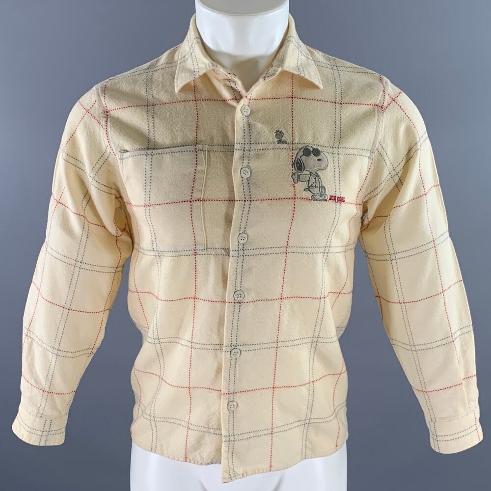 GREENCLUB Size S Cream Red Grey Stiched Plaid Wool Long Sleeve Shirt